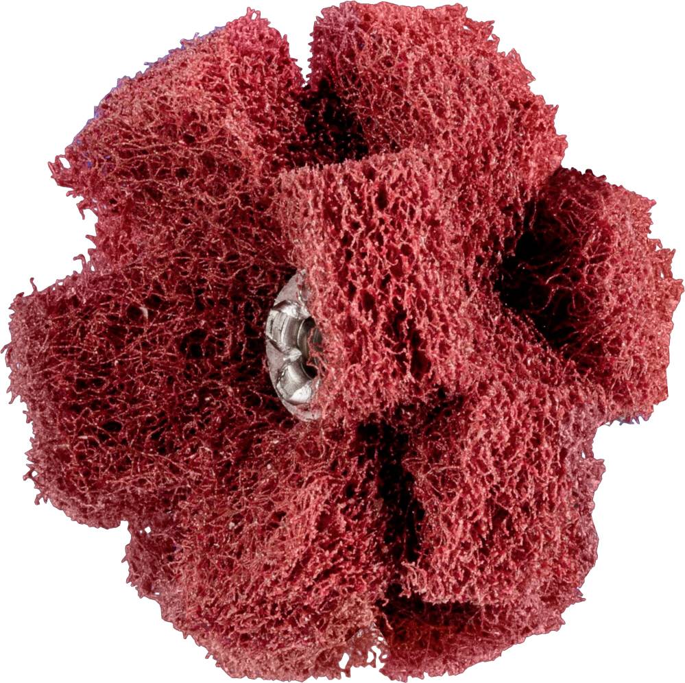 A red loofah sponge with a flower-like appearance, used for exfoliating the skin.