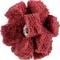 A red loofah sponge with a flower-like appearance, used for exfoliating the skin.