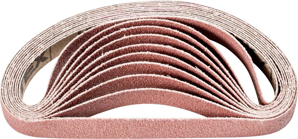 A stack of sanding belts in a semi-circular shape lies on a white background. They are made of red sandpaper material and are stacked on top of each other.
