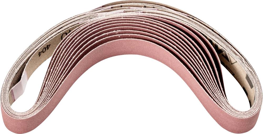 A stack of curved sanding belts overlapping each other. The belts are light brown and made of robust material for sanding work.