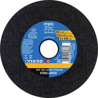 PFERD grinding disc, model PSF Steelox, 125 mm diameter, suitable for steel and stainless steel, maximum speed up to 12,200 rpm.