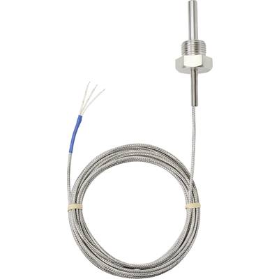 Temperature sensor with stainless steel casing and long cables for industrial applications. Suitable for precise temperature measurement.
