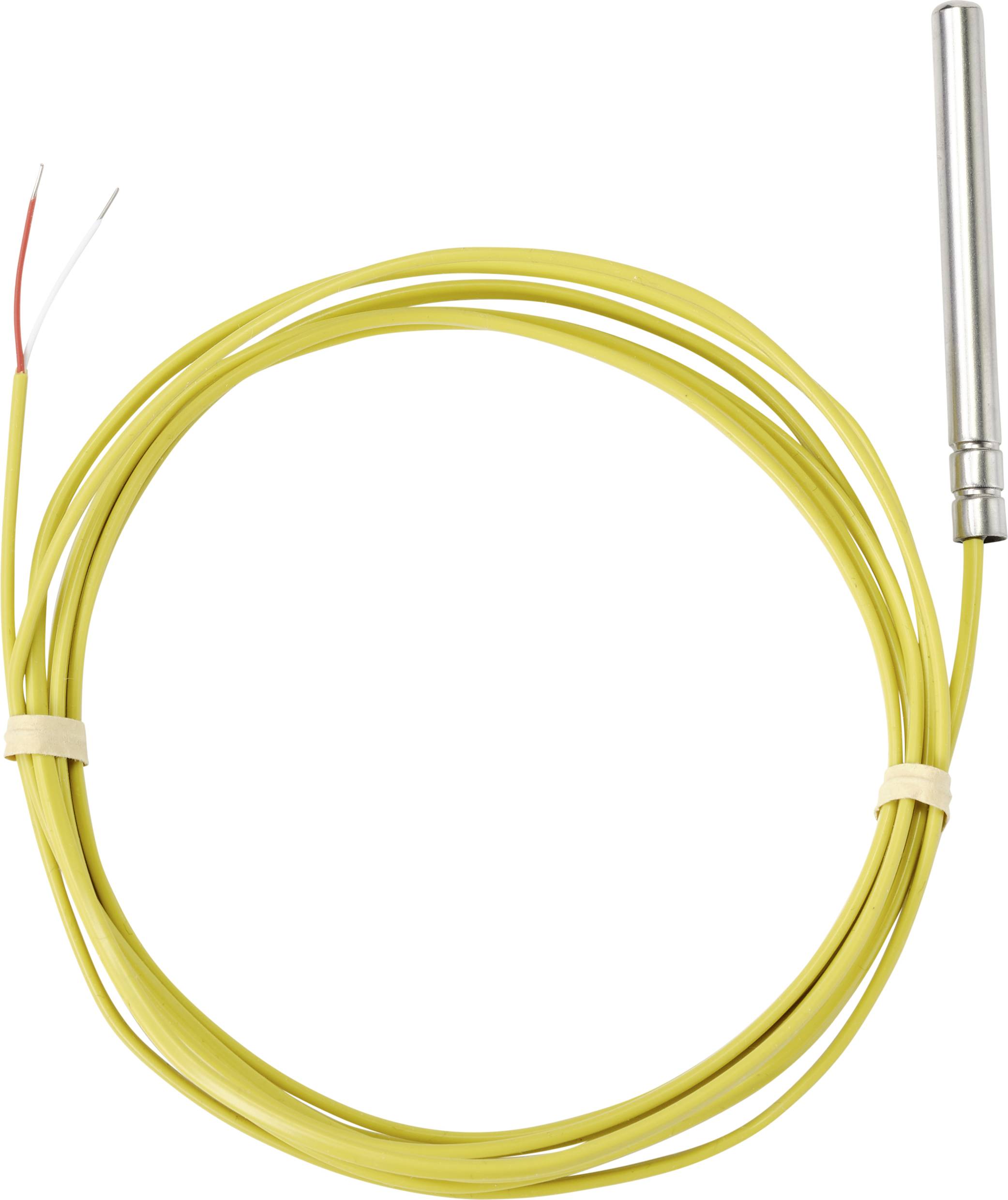 Yellow cable with a metal sensor and exposed wire ends. Suitable for temperature measurements.