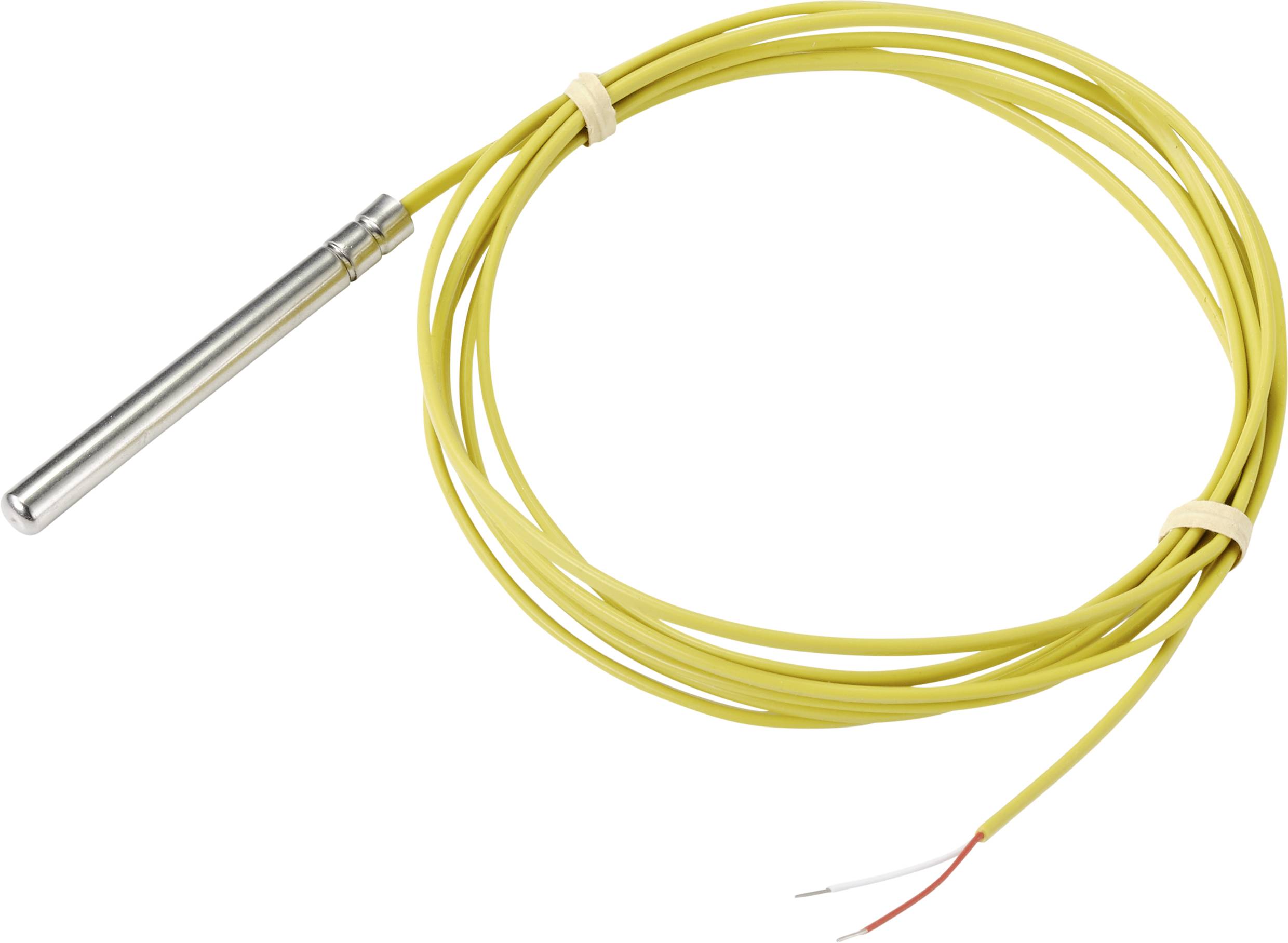 A yellow temperature sensor cable with a metal probe at the end. The cable is coiled and has exposed wire ends.