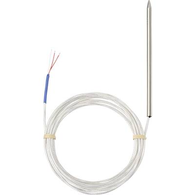 Metal probe with a long cable and exposed wires, suitable for temperature measurements in technical or scientific applications.