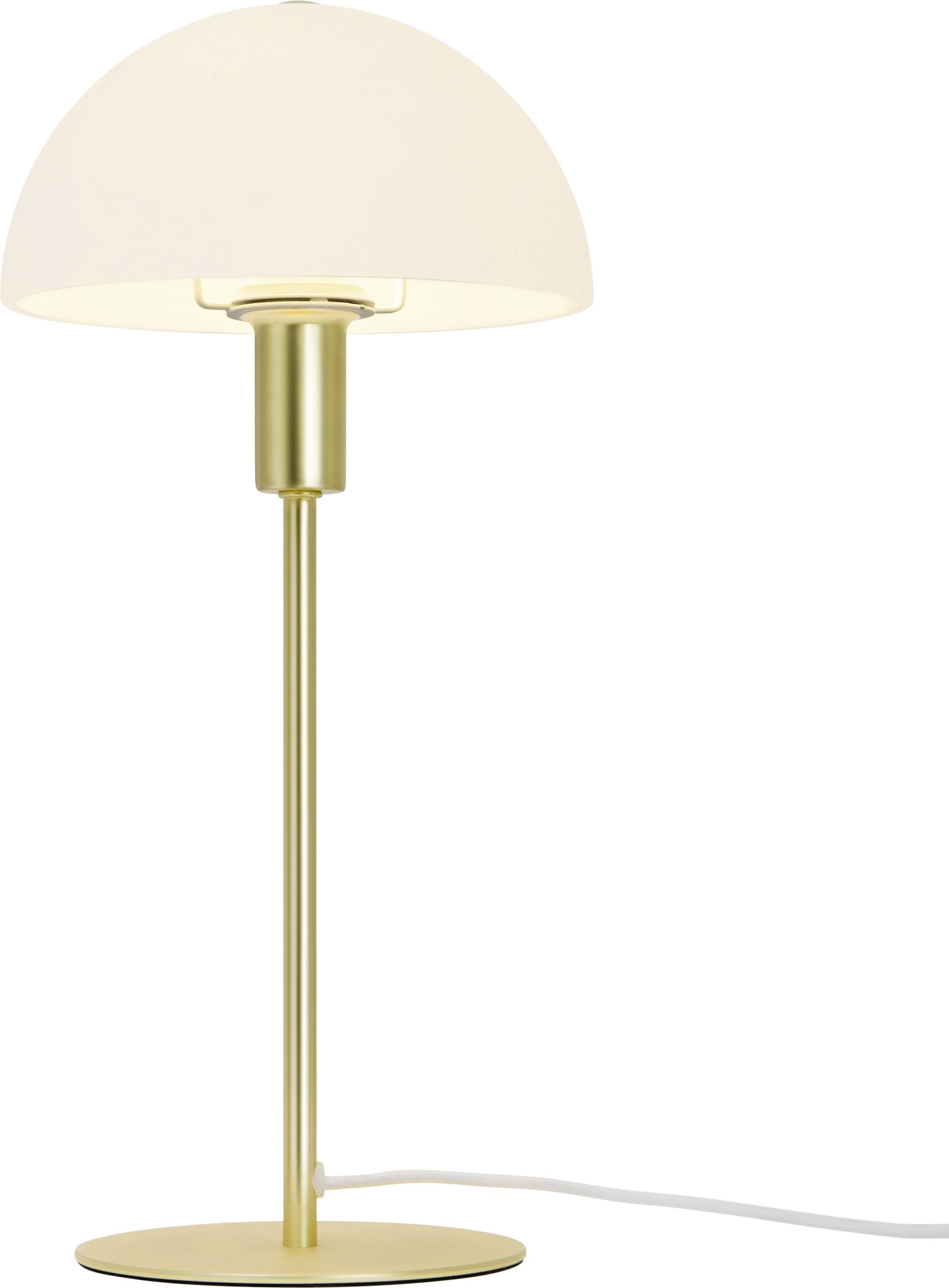 A contemporary table lamp with a golden stand and a white, semi-circular shade. An electrical cable is visible.