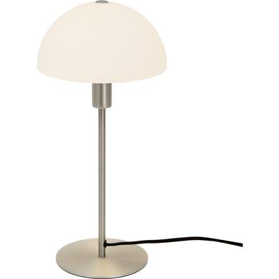 A modern table lamp with a semi-spherical, white lampshade and a metal base. The cable is visibly positioned at the bottom.