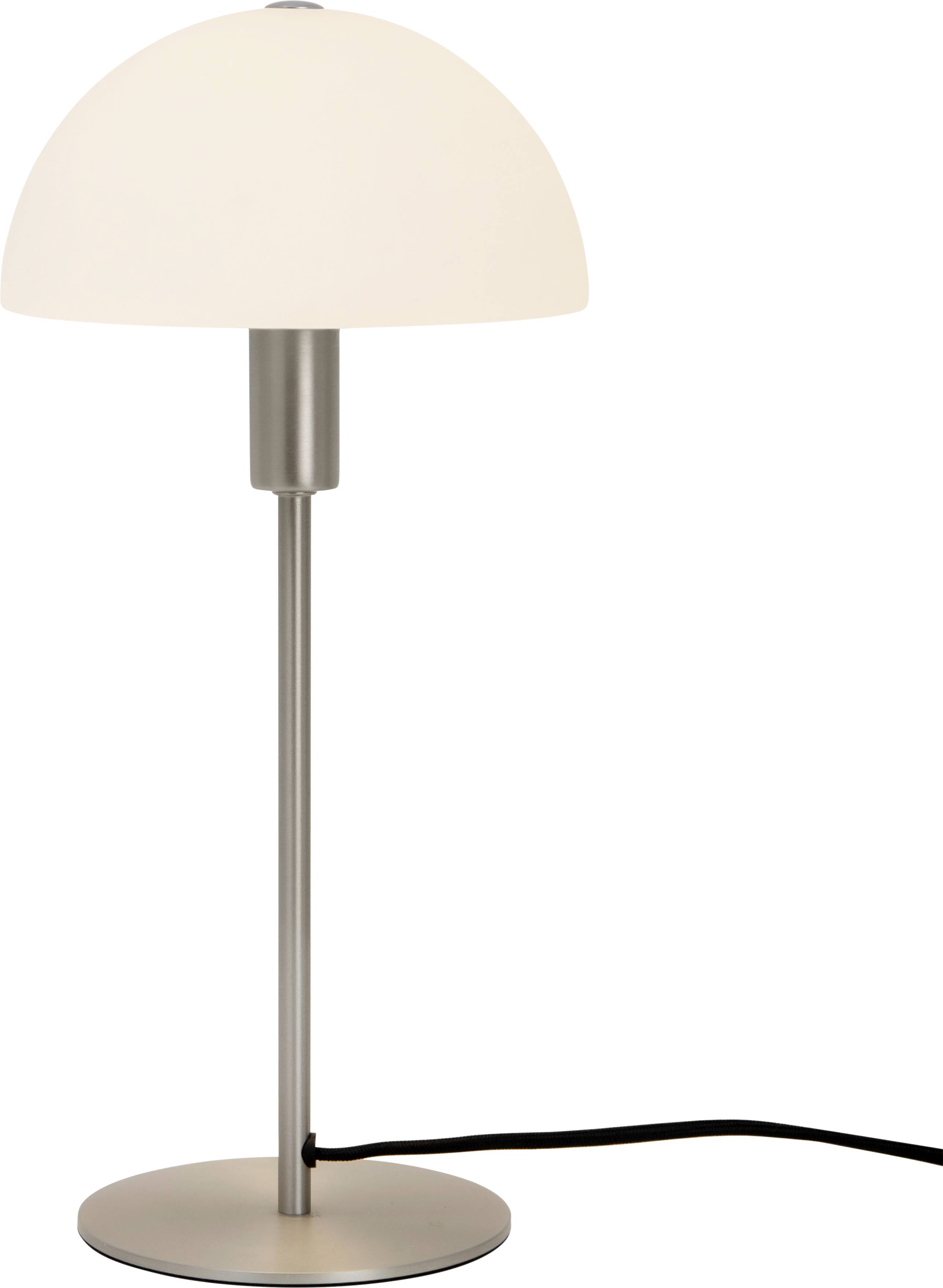 A table lamp with a round, white lampshade and a silver stand. A black cable is connected.