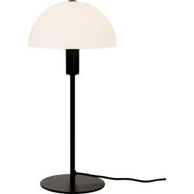 A black table lamp with a white, hemispherical lampshade. The design is modern and minimalist.