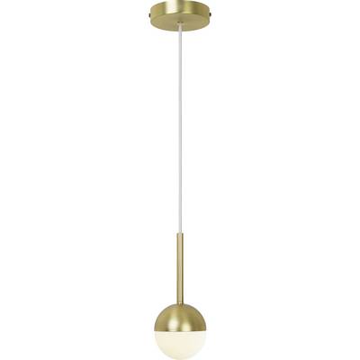 Golden hanging pendant light with a spherical lampshade and white cable, minimalist design, suitable for modern interiors.