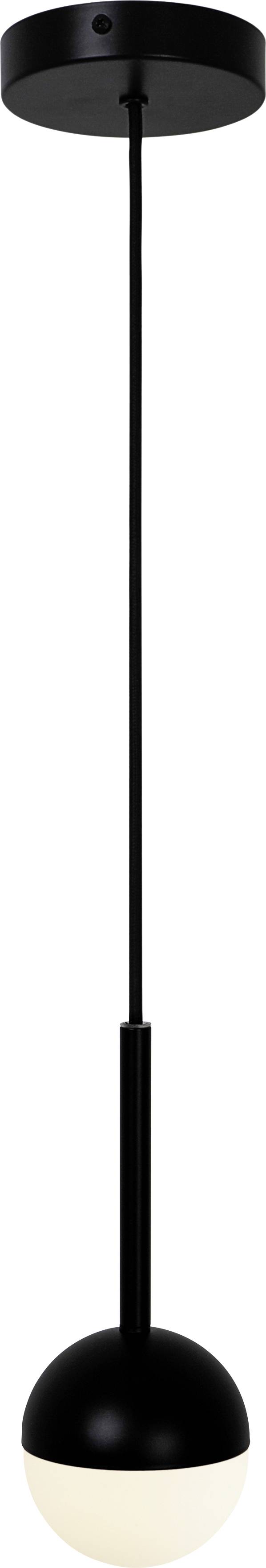 A black pendant light with a round lampshade made of a matte material hangs from a thin cable from the ceiling.