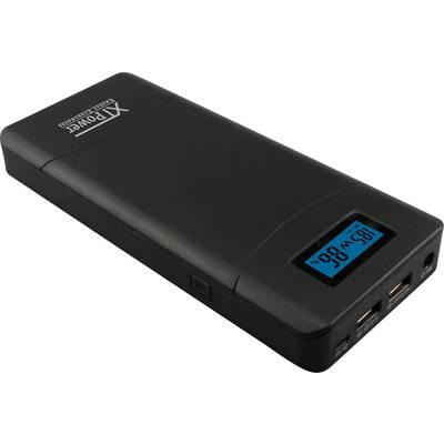 Portable charger with digital display showing '18.5V 98%', two USB ports and power switch, black design.