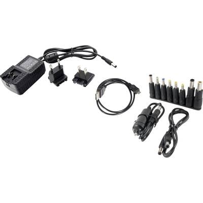 Power supply with various plugs and adaptor cables. Includes international plug adapters and a car charging cable.
