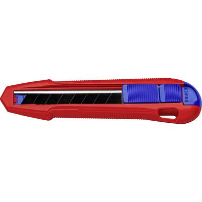Red universal penknife with retractable black blade and blue sliders. Tool for cutting various materials.