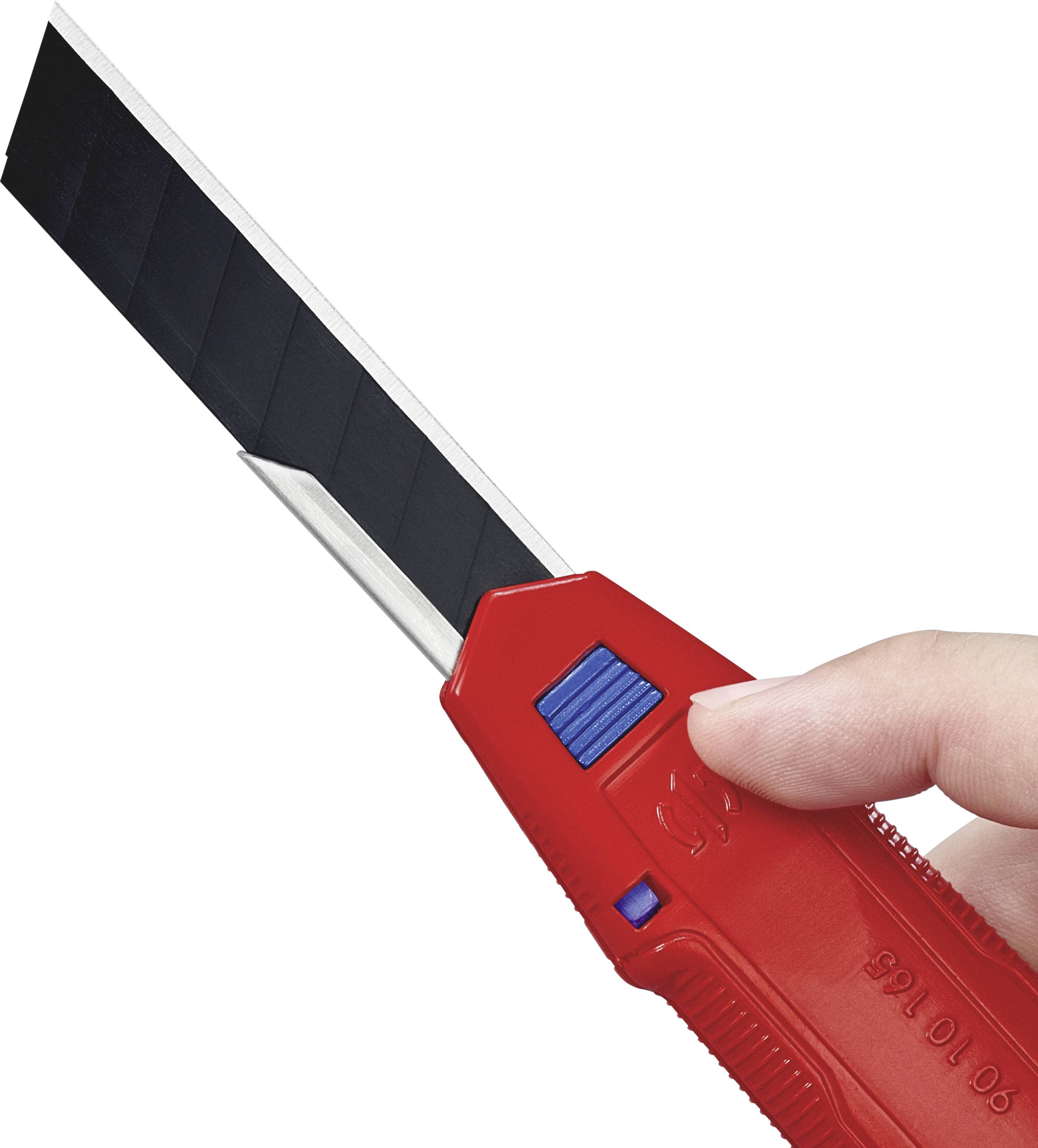 A hand is holding a red utility knife with an extended black blade. The blade length can be adjusted using a blue slider.