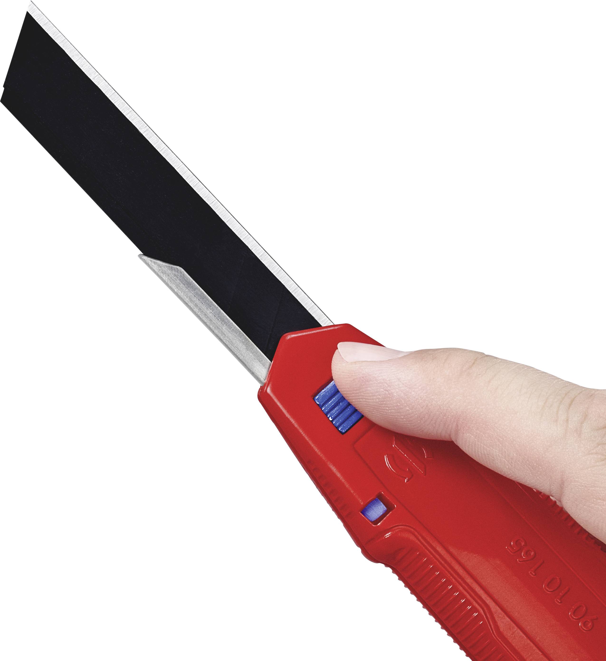 A hand is holding a red carpet knife with an extended black blade, ready to cut.
