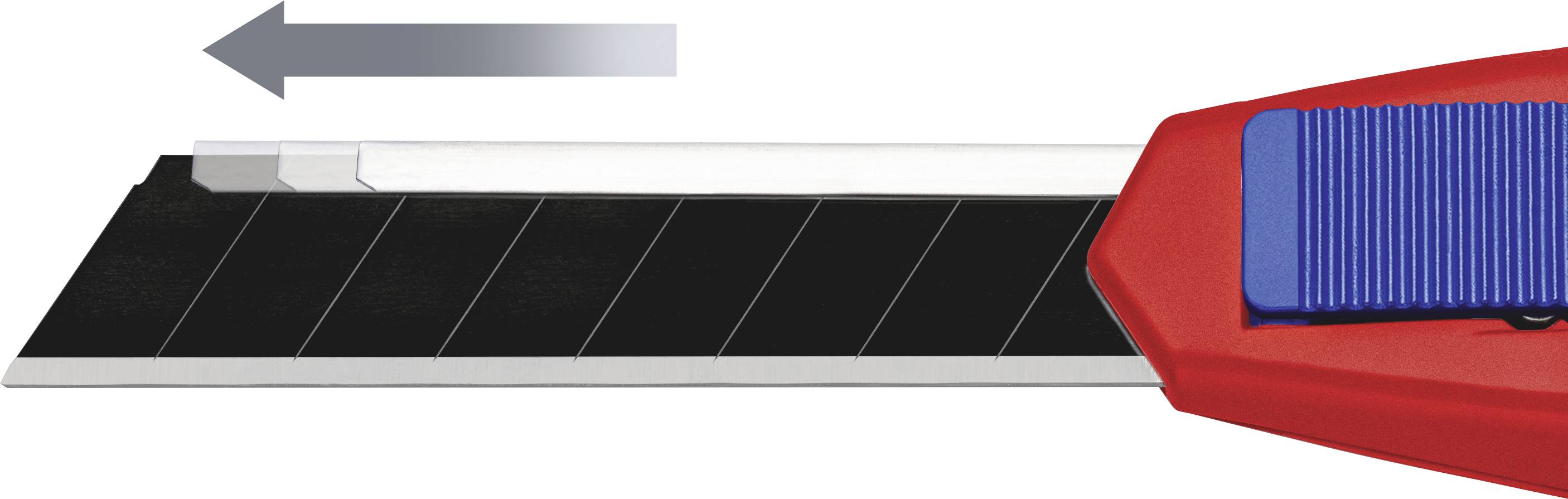 A craft knife with a red and blue handle shows an extended blade. An arrow above indicates the retraction direction.