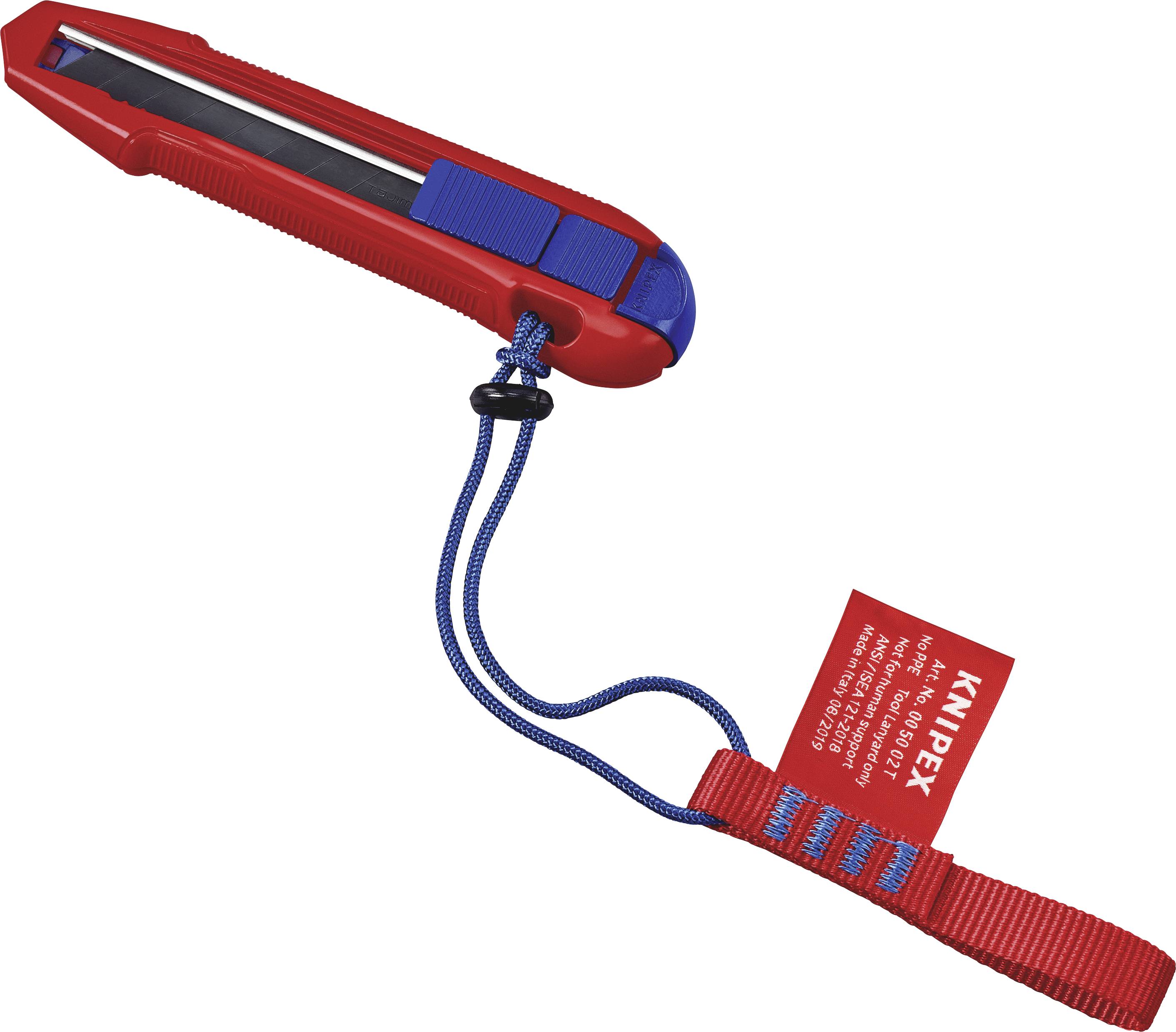 Red wire stripping tool with blue loop and label. Primarily used for stripping cable insulation.