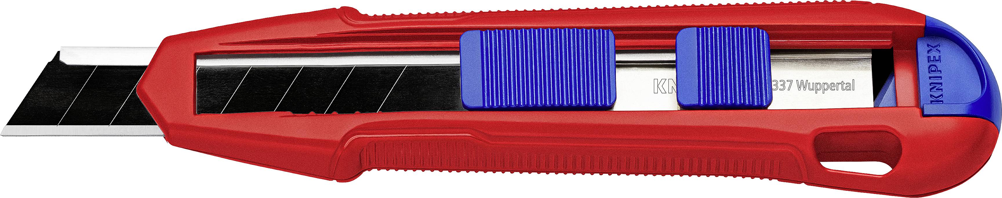 A red utility knife with a black blade and blue slider is lying horizontally.
