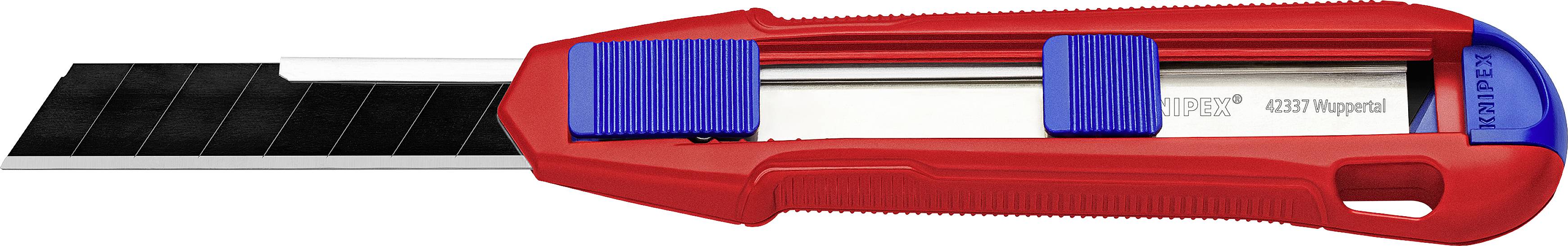 Red utility knife with blue safety guard and retractable black blade.