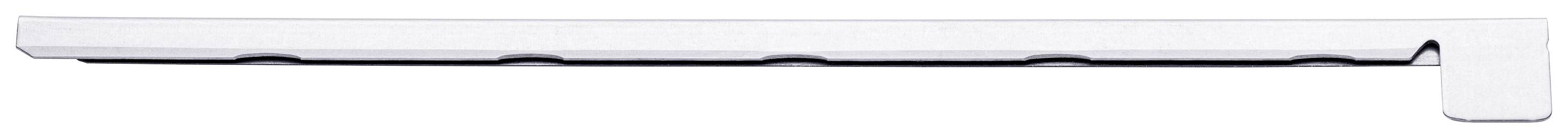 Metal strip with five evenly spaced notches and a right angle at the end.