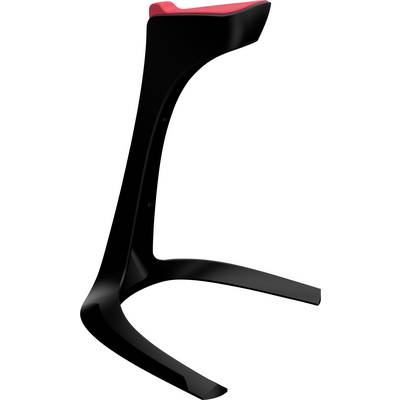 An elegant, modern black stand with a curved design and a slightly angled top surface, upon which a red element rests.