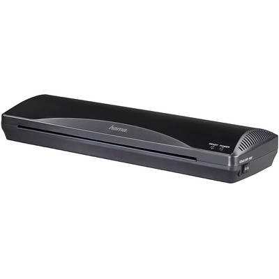 A black Hama laminator with a slot for inserting documents. Device shows the operational status on the front panel.