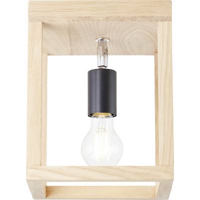 A wooden ceiling light with an open cubic frame and a visible light bulb in the centre.