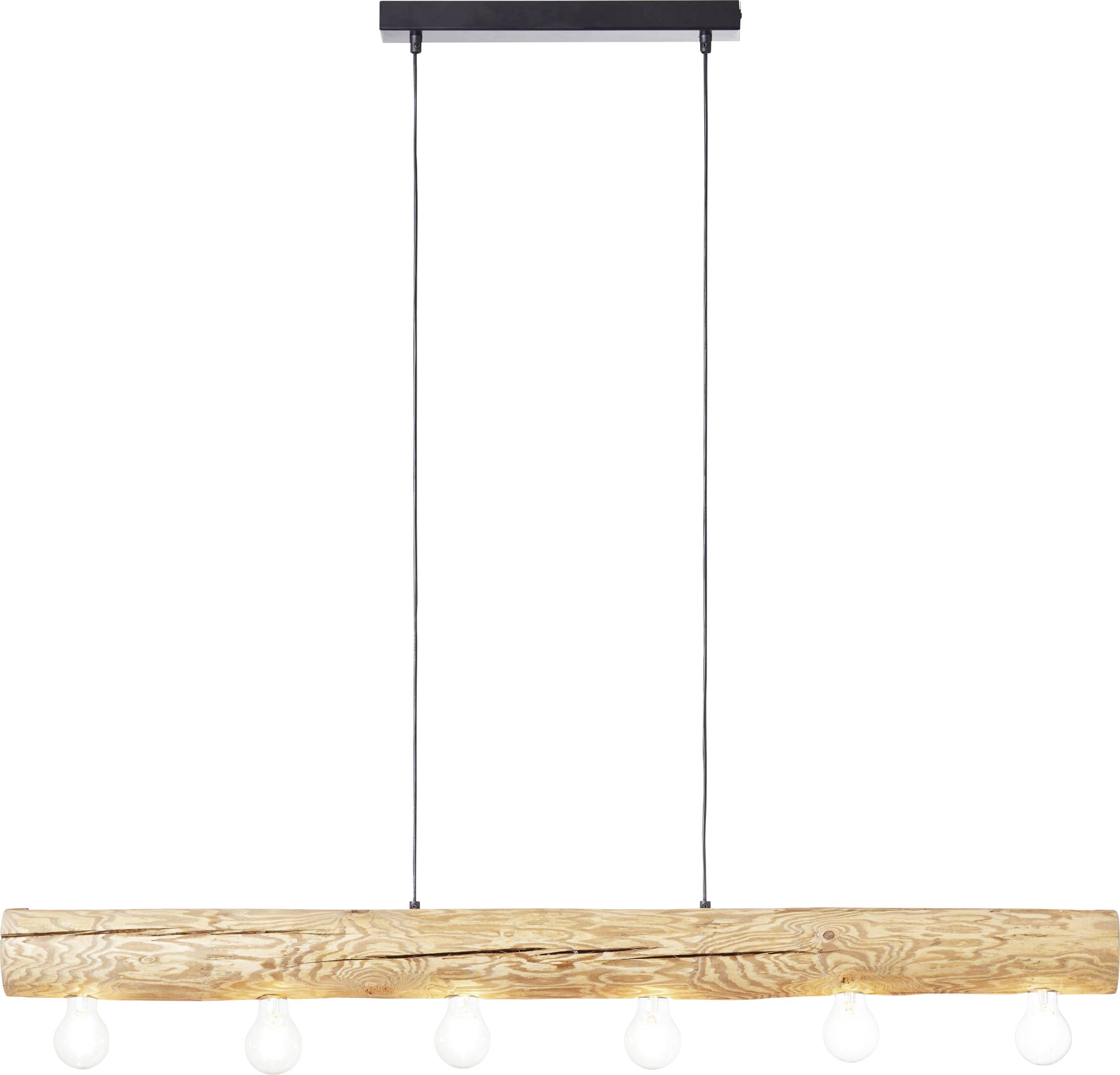 Pendant light with a rectangular wooden frame and five visible light bulbs hanging from thin cables attached to a black ceiling mount.