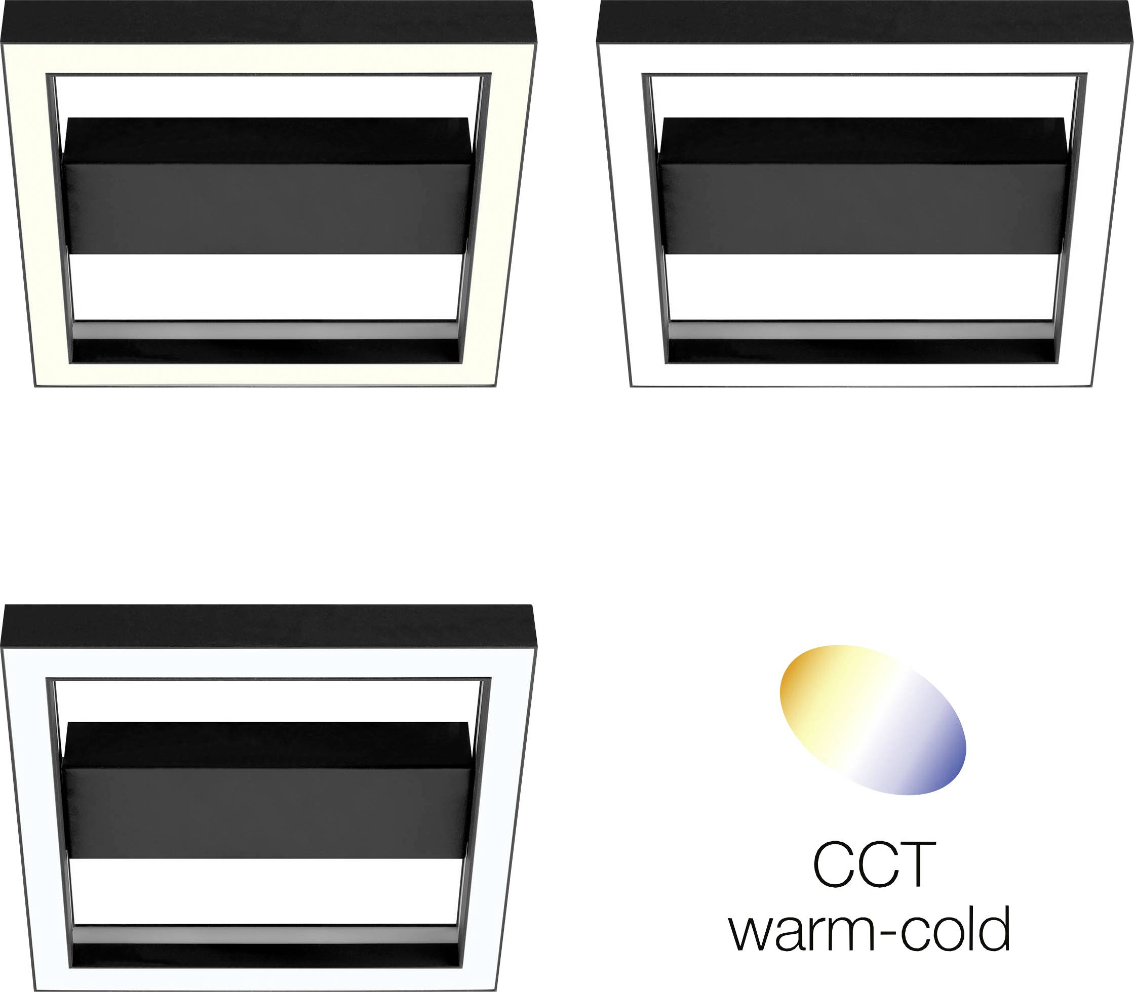 Three square LED recessed lights with warm to cool white light. Bottom right, a logo with gradient and text 'CCT warm-cold'.