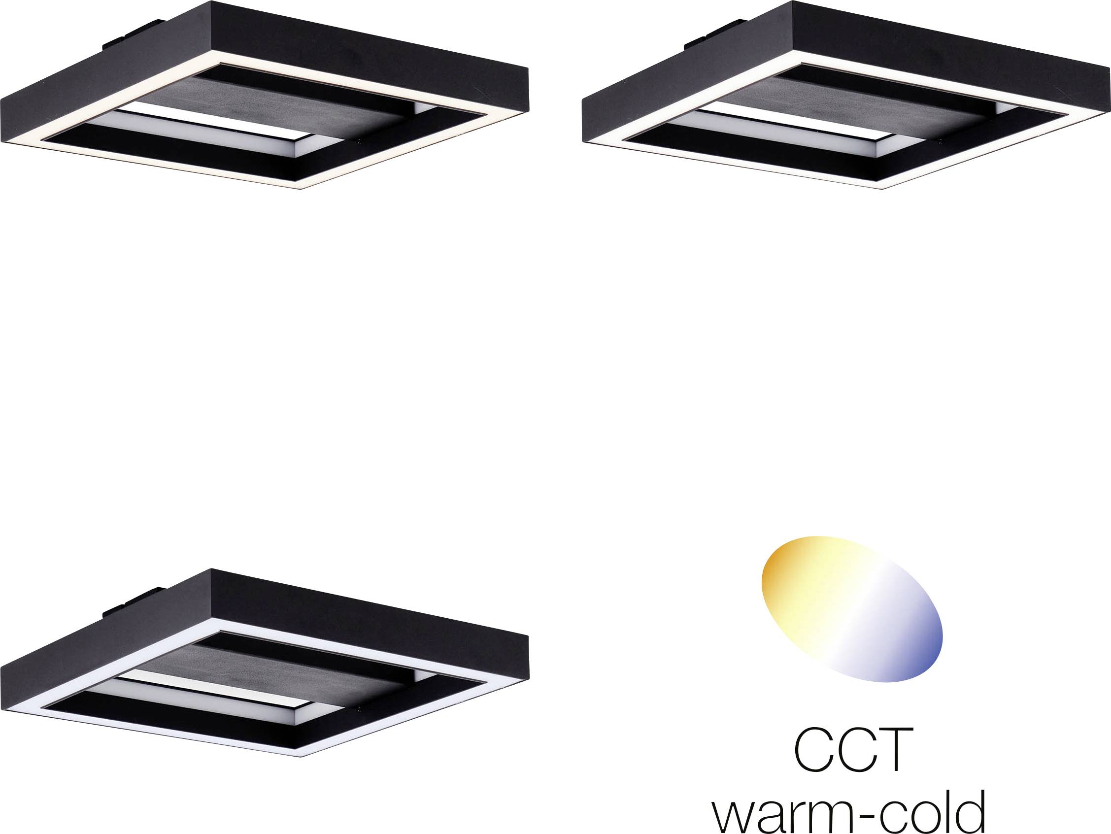 Three square ceiling lights in black with different perspectives. Bottom right, a gradient from warm to cool with the text 'CCT warm-cold'.