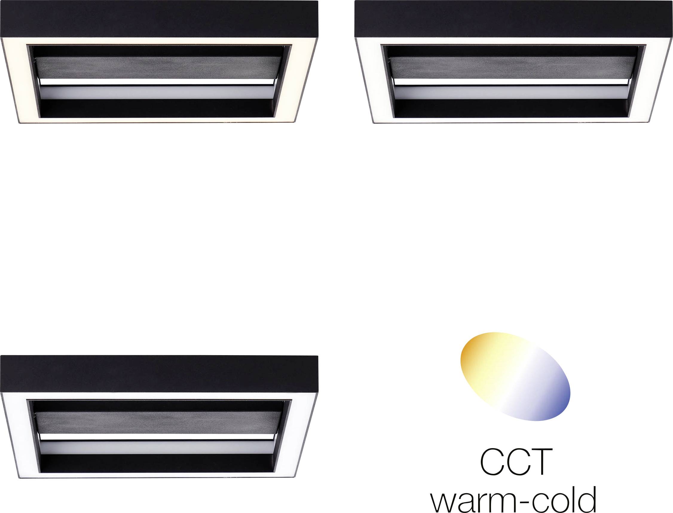 'Three black, rectangular LED lights with CCT colour control from warm to cool.'
