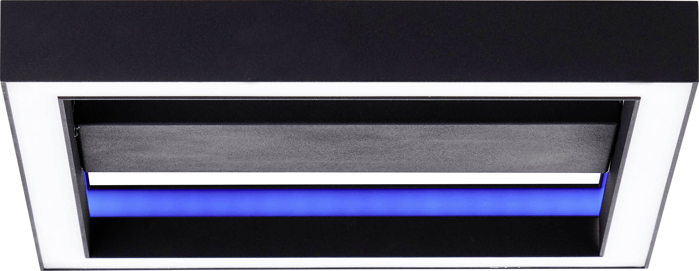 Black and white rectangular ceiling light with a blue illuminated strip in the centre, modern design for interior spaces.