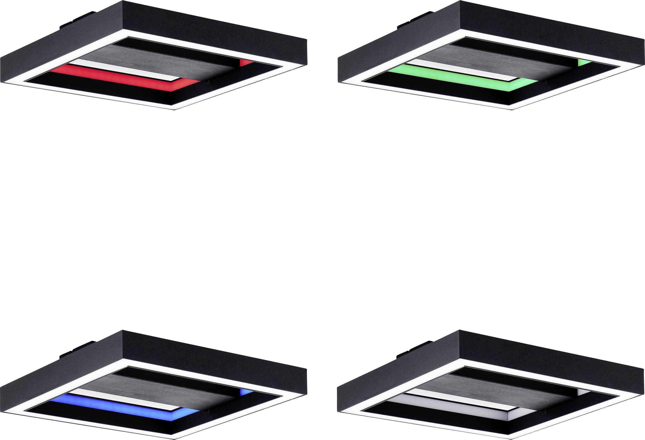 Four square ceiling lights, each with coloured light edges: Red, Green, Blue and White. Modern design, suspended in arrangement.