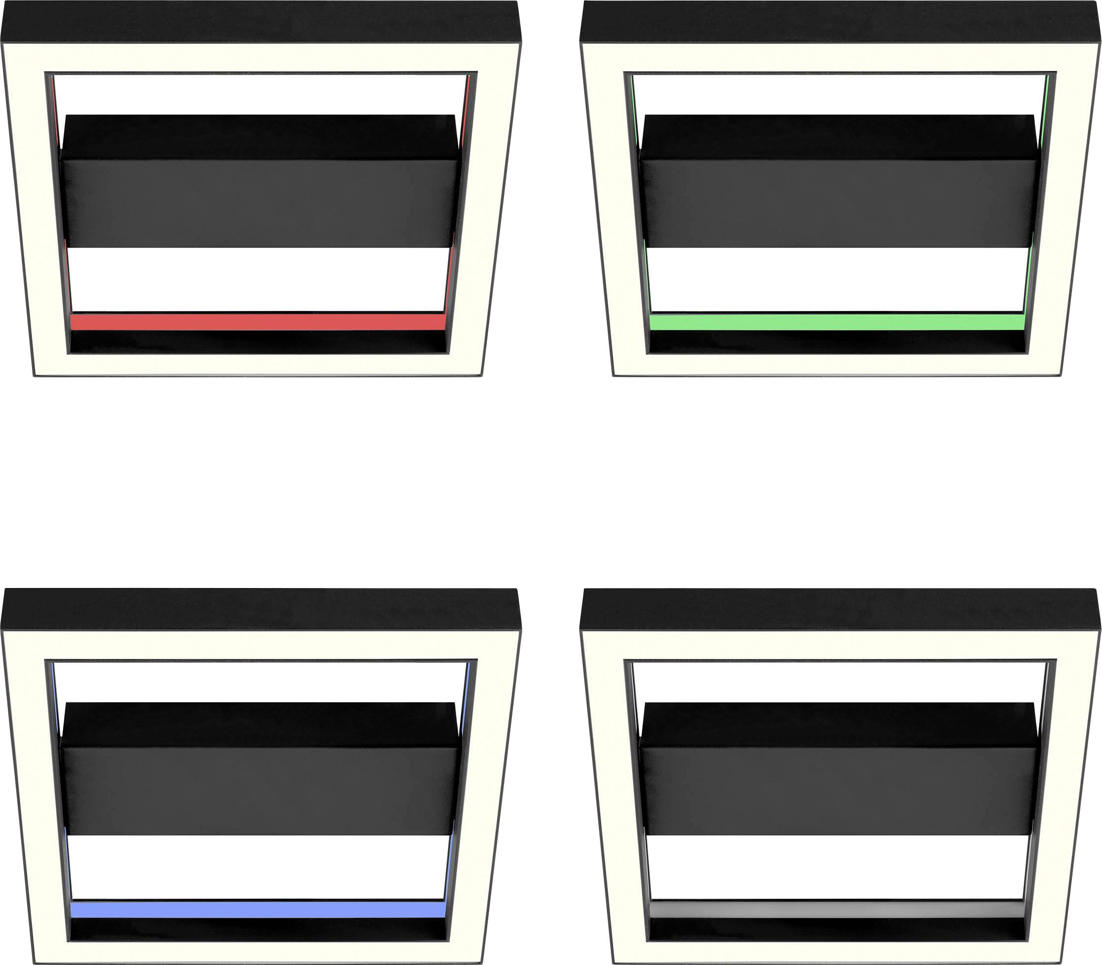 Four rectangular framed objects, each with a black surface and coloured stripes beneath: Red, Green, Blue, White.