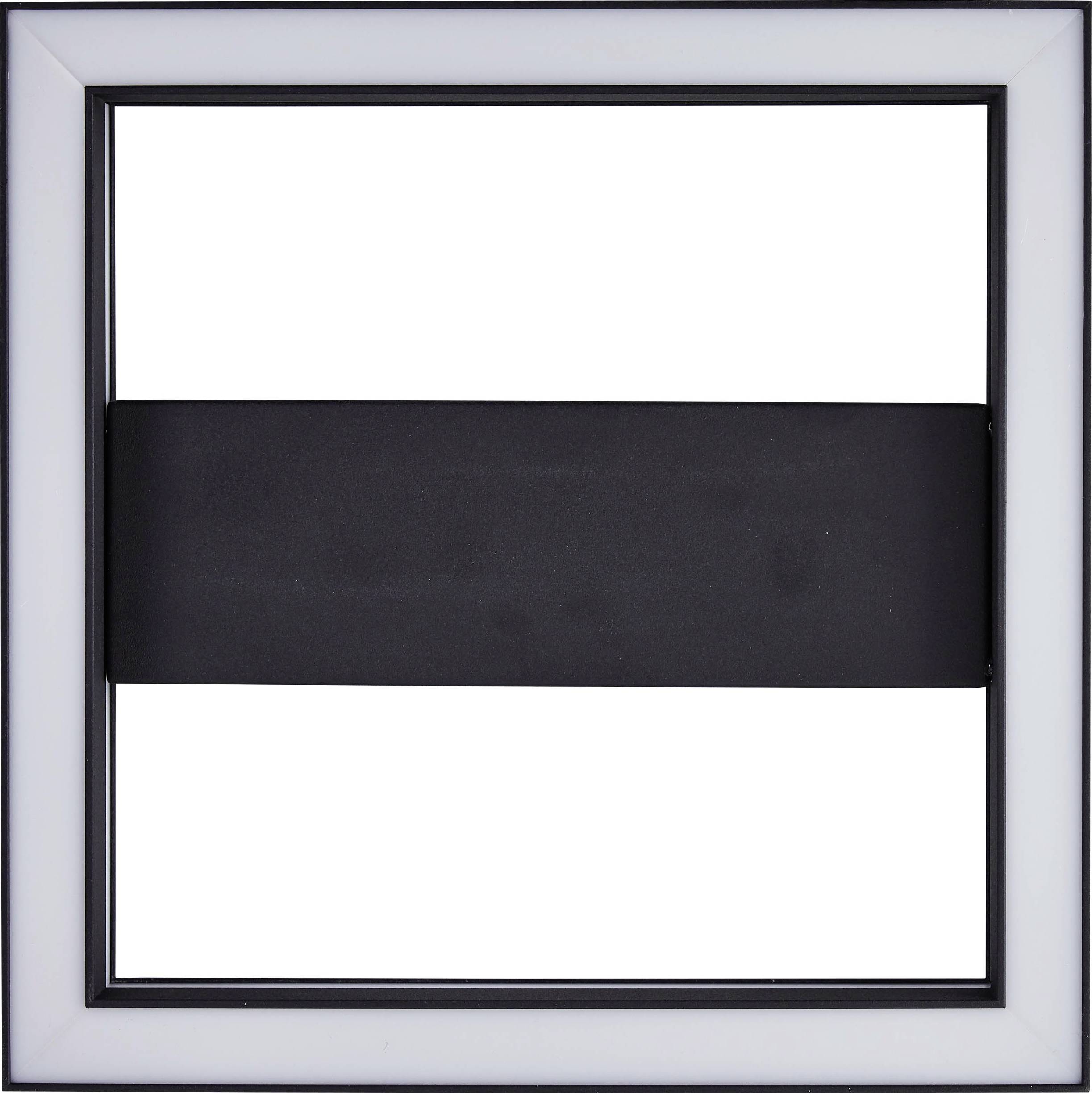 Black and white square light installation, central black bar on white background, surrounded by white frame.