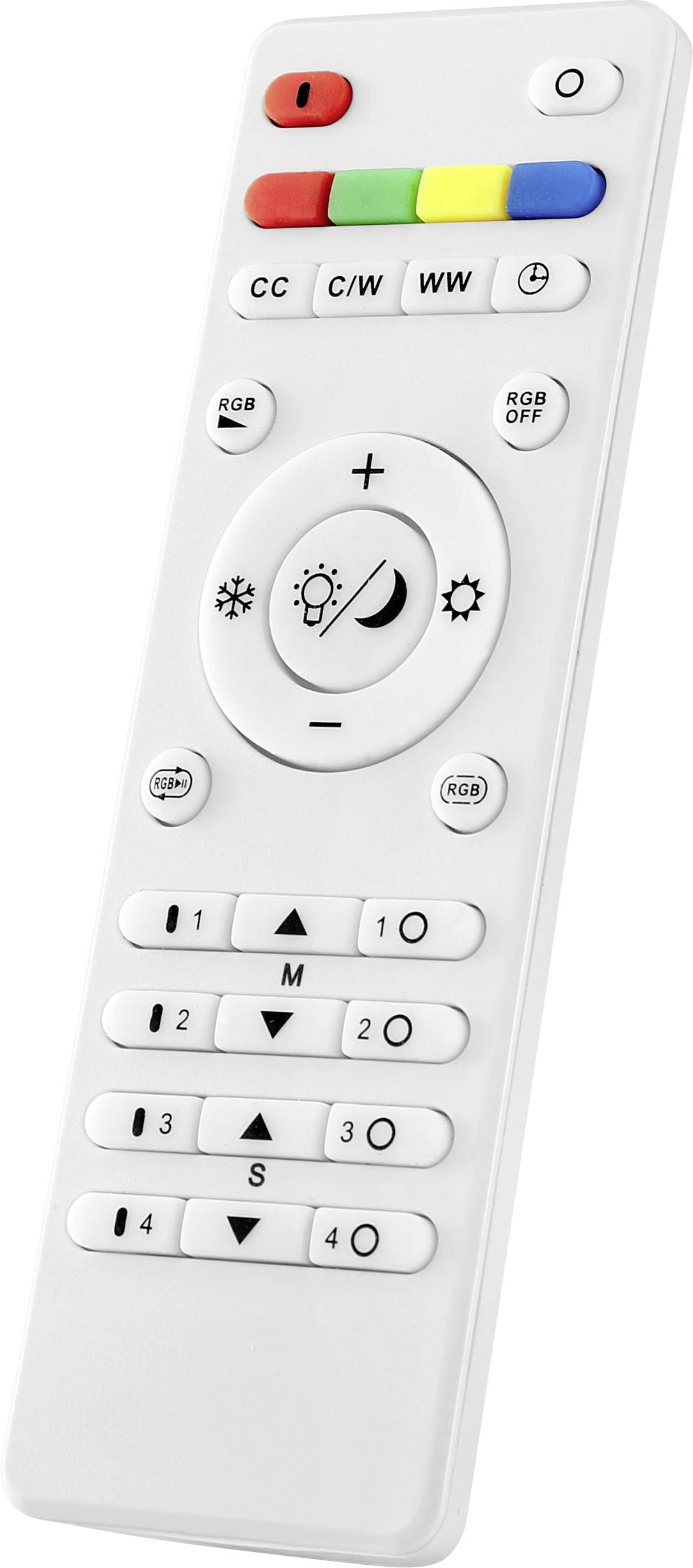 White remote control with coloured buttons for light control and brightness adjustment. Symbols for sun and moon, plus directional buttons.