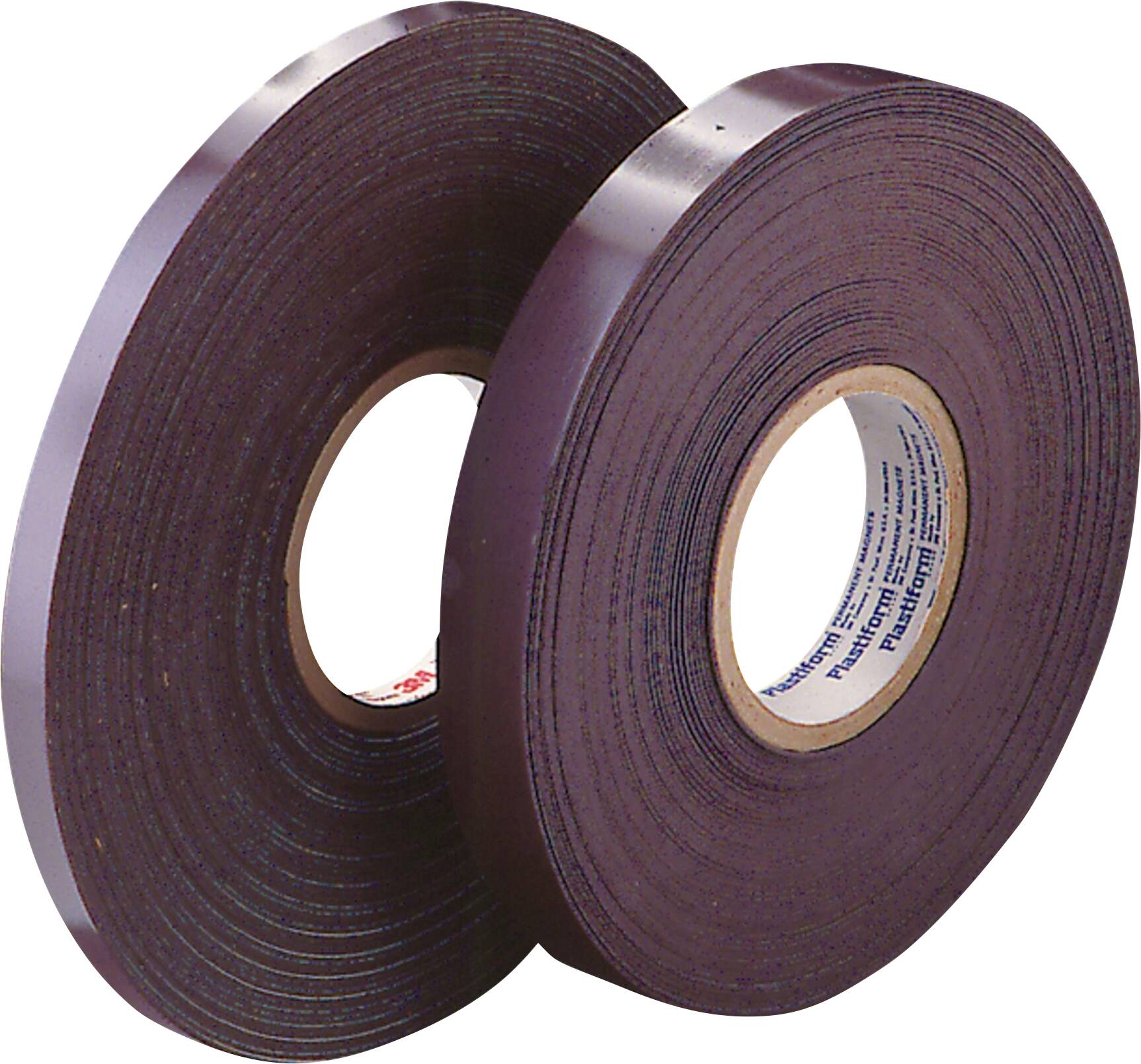 Two rolls of dark adhesive tape standing side by side.