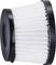 A white, cylindrical air filter with black edges. The filter has a pleated paper structure and is used for air purification.
