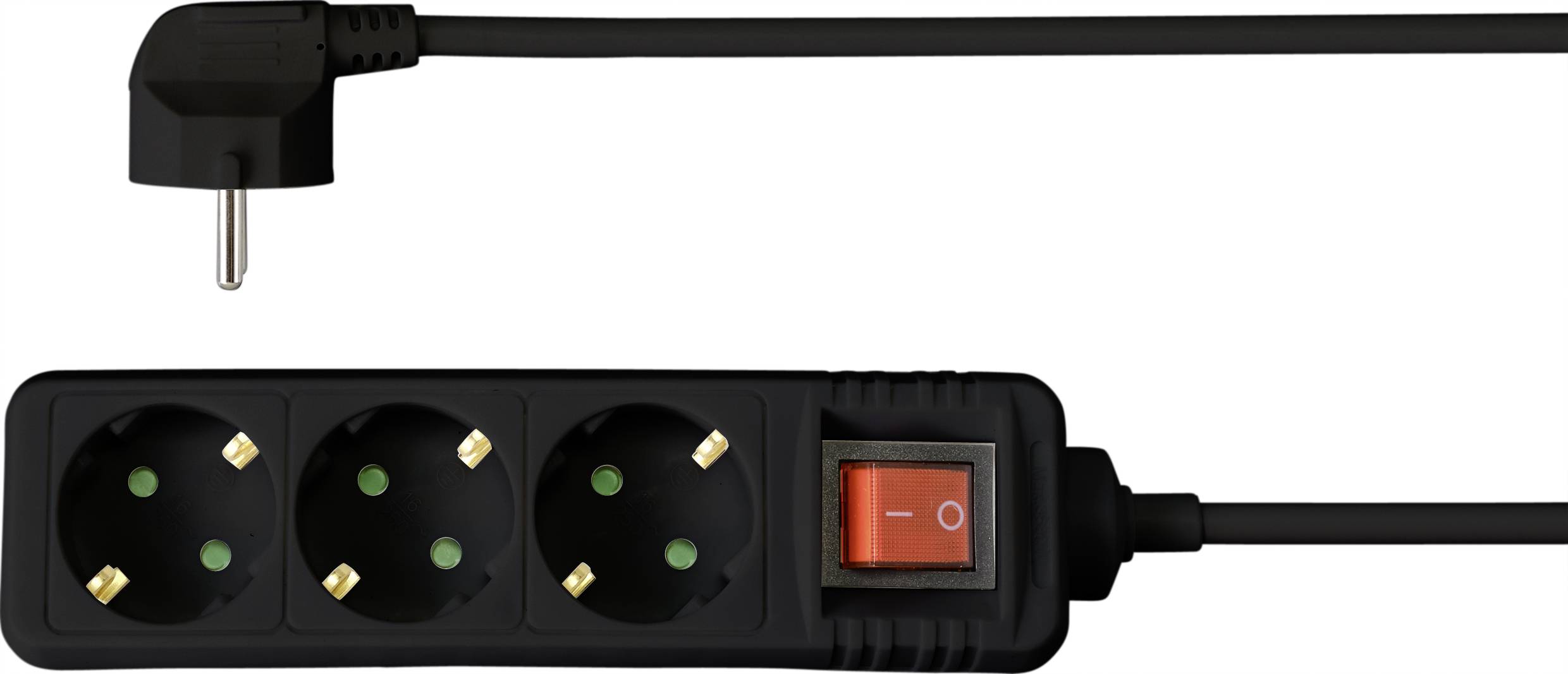 Black triple socket with a switch set to 'Off', and a cable with an angled plug. Suitable for electronic devices.