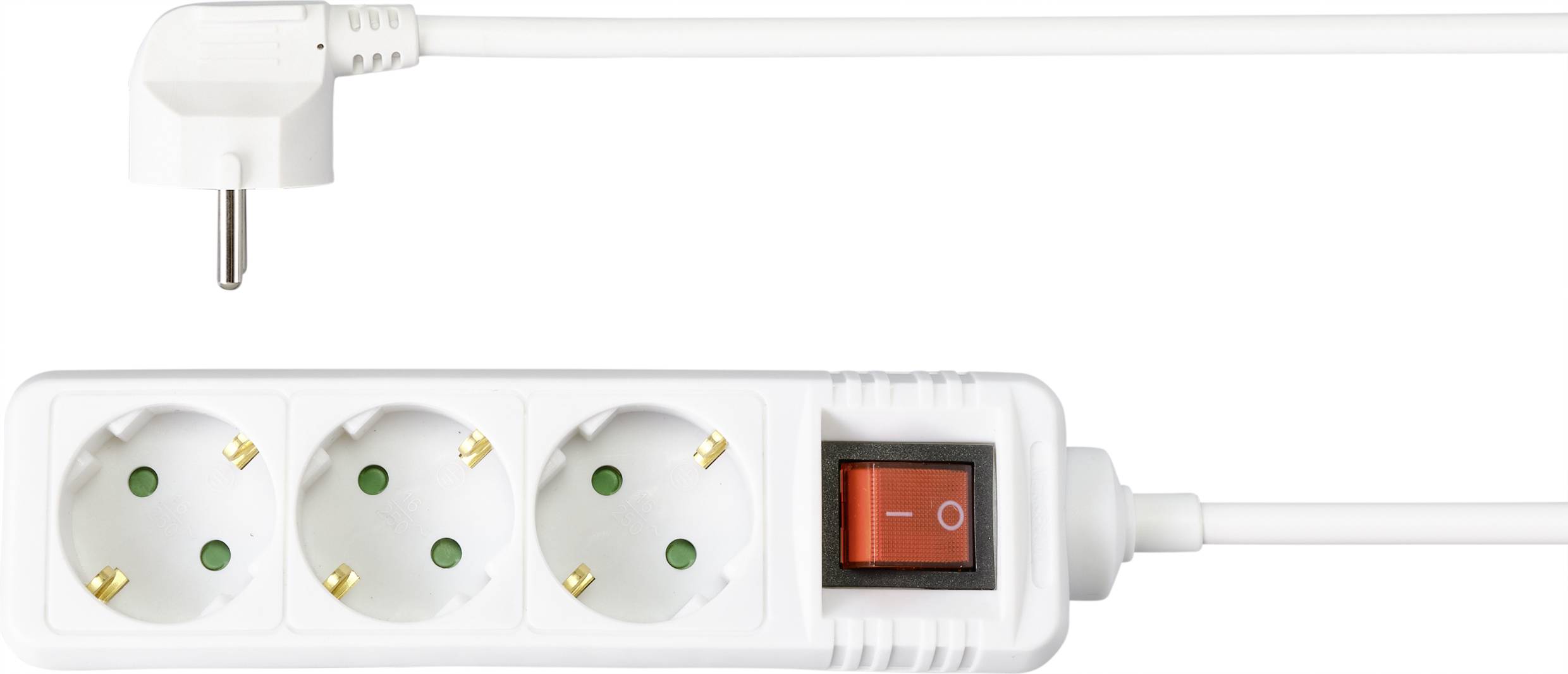 'White triple socket with network switch and power cable. The switch is set to 'Off'.'
