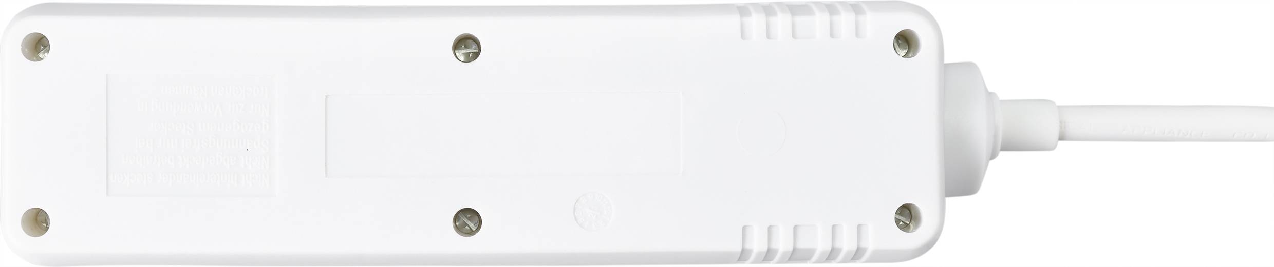 White power strip with five visible screws, viewed from a side perspective.