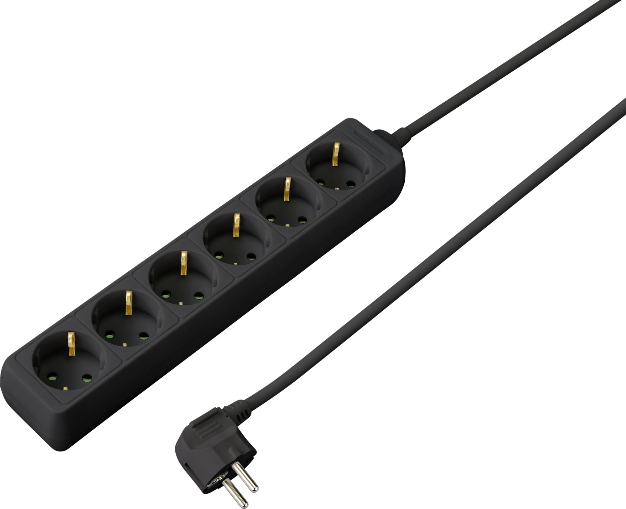 'Five socket strips in black with earthed plugs, suitable for European plug types. Suitable for connecting multiple devices.'