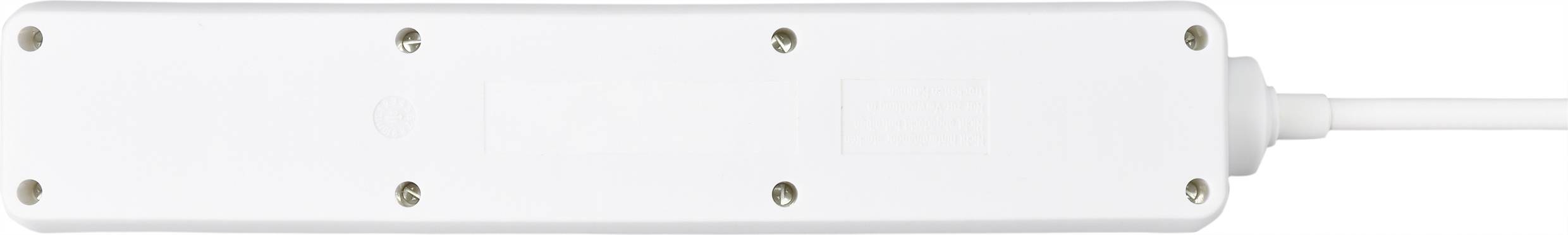 White power strip with seven socket outlets and a mains cable on a white background.