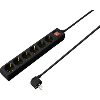 Black six-way socket extension lead with power switch and long cable, suitable for European plugs.