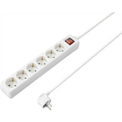 A white multi-socket adapter with six socket outlets and a red on/off switch.