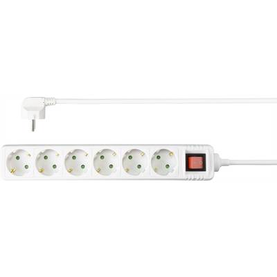 A white six-socket extension block with a red on/off switch, one of the cables having an angled plug.
