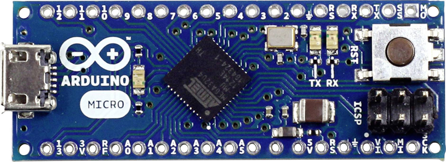 Arduino Micro Circuit Board with USB Port, Microcontroller and Multiple Connection Pins for Electronic Projects and Prototyping.