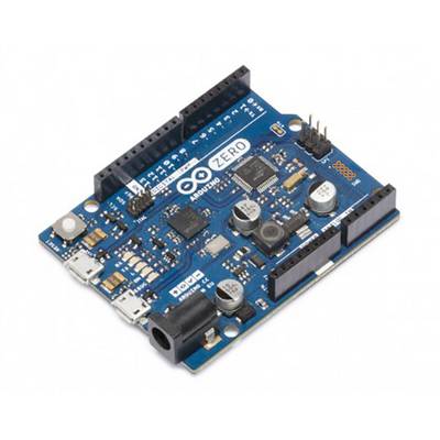 An Arduino Zero board with blue circuits and various connectors lies on a white background.