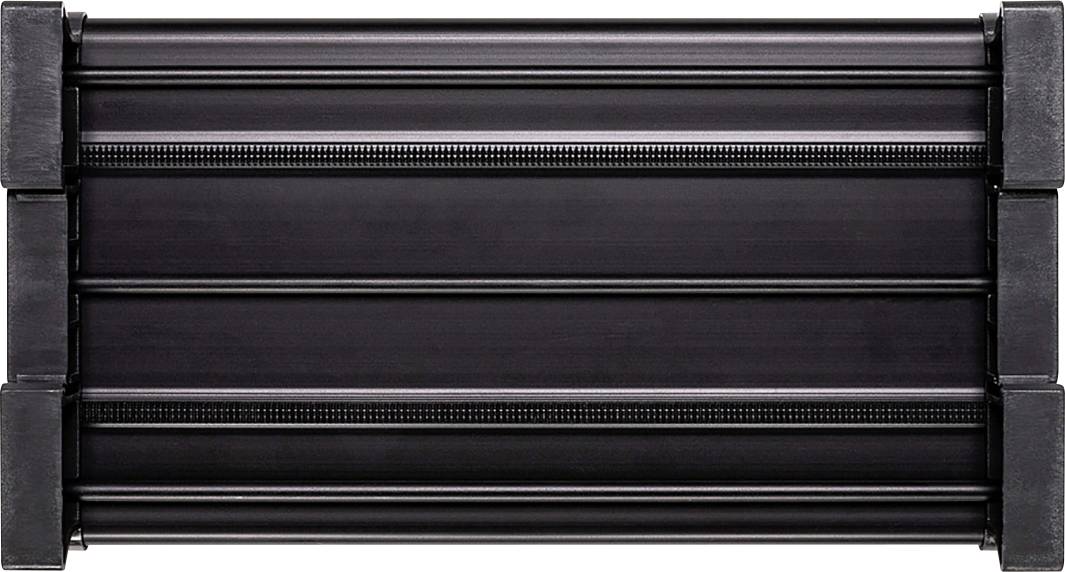 A black, rectangular object with several horizontal lines. Possibly a blind or cover.